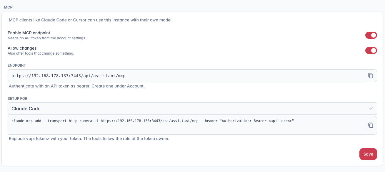 The MCP card with the endpoint and the ready-made setup command for the selected client