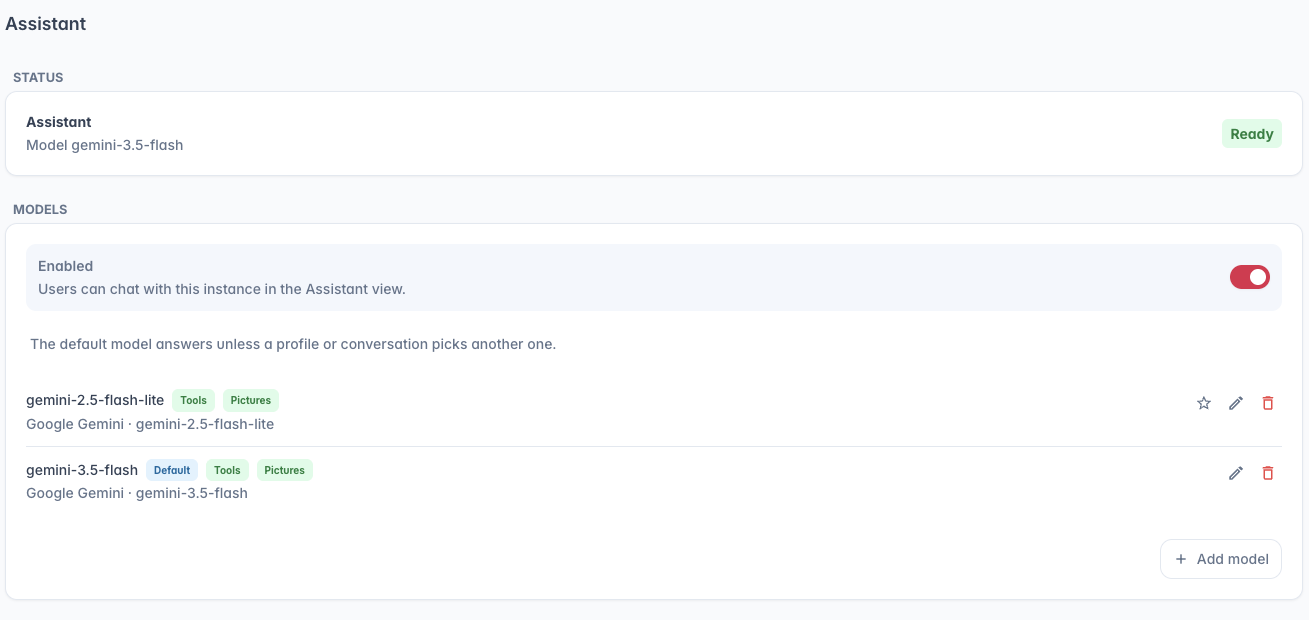 The model list with the default star and the badges for tools and pictures