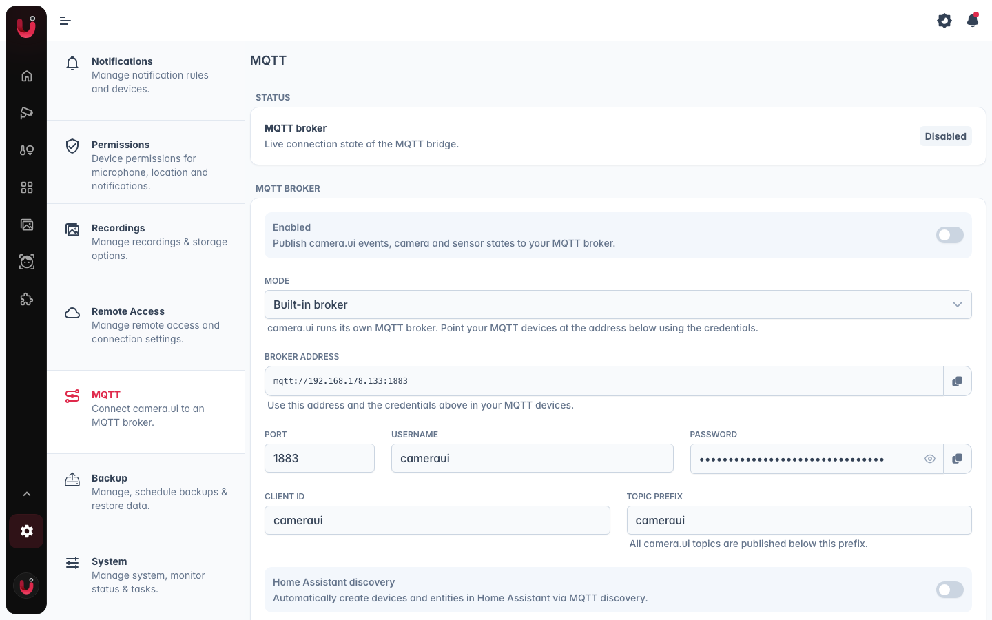 The MQTT settings page