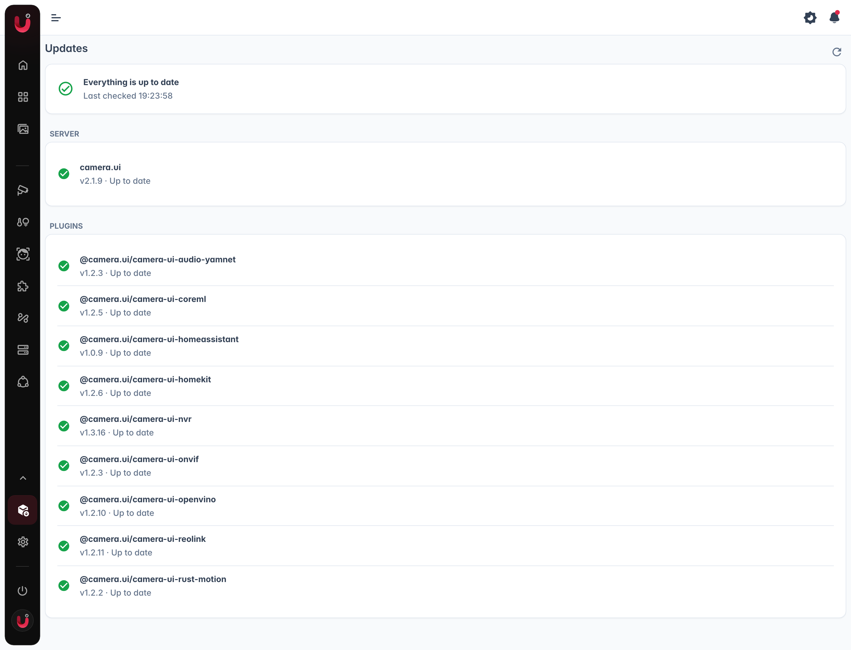 Updates page with the server and plugin sections