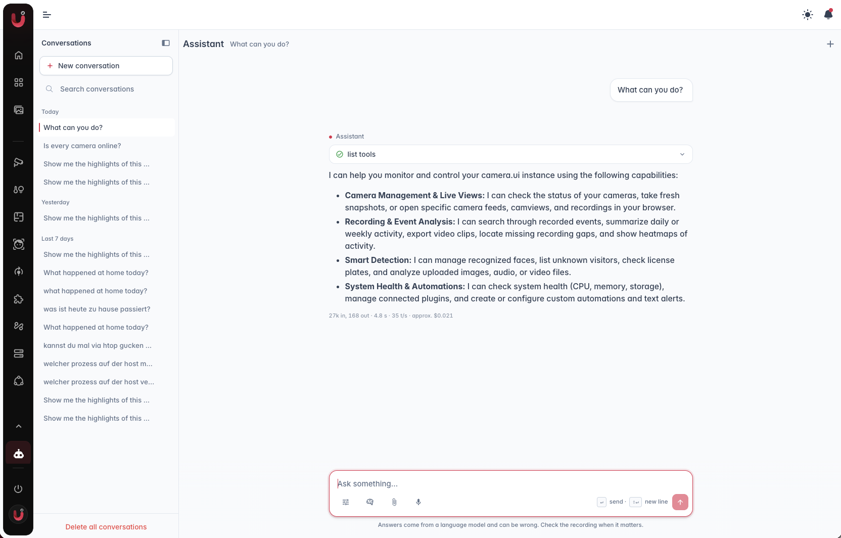 The Assistant view with a conversation, a tool card and the answer