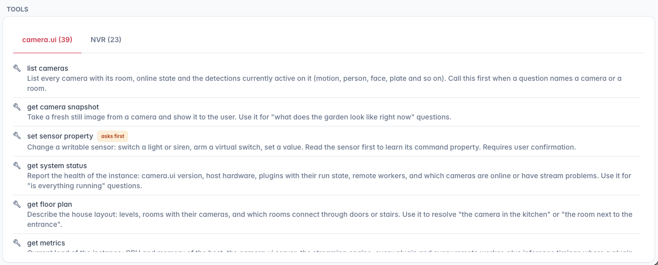 The Tools card, one tab per provider, with an "asks first" badge on a tool that changes something
