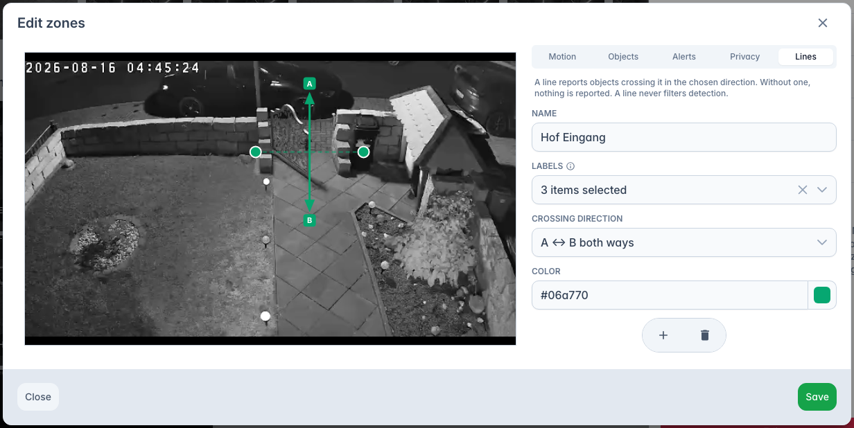 Zone editor in the Lines tab, with a line across a gateway
