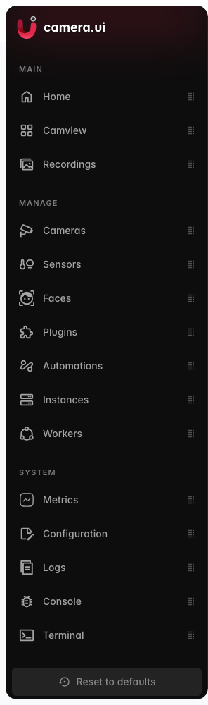 The sidebar in edit mode, with groups and drag handles