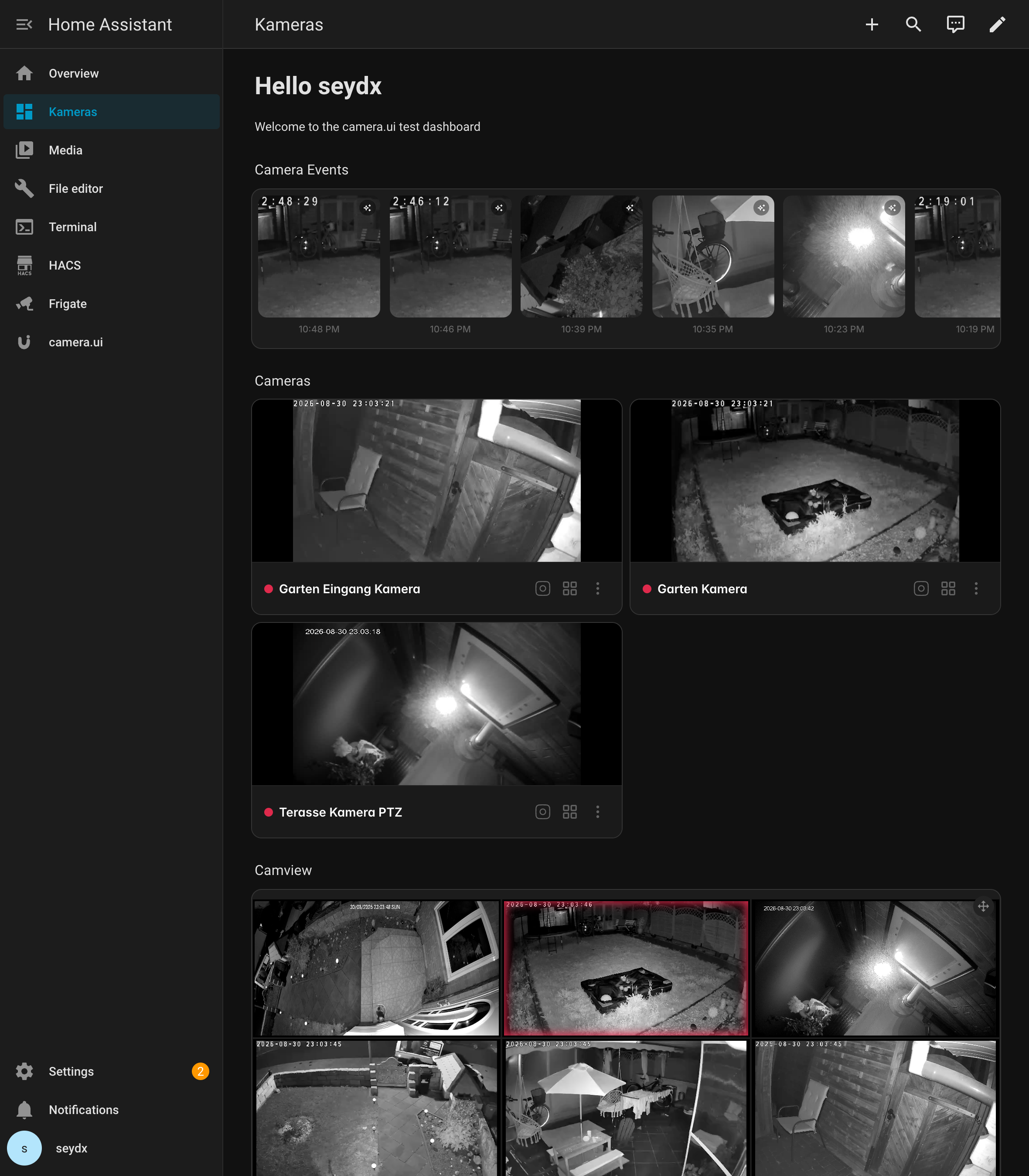 A Home Assistant dashboard with the events strip, three camera cards and a camview view