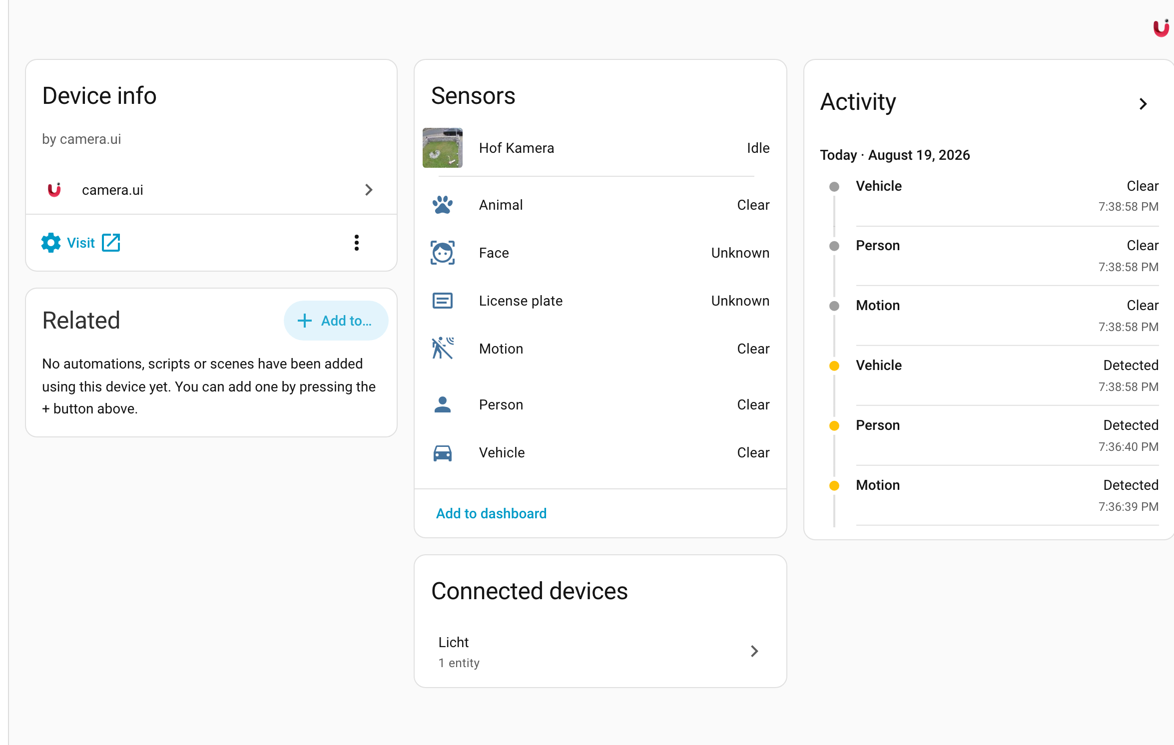A camera.ui device in Home Assistant with its sensors