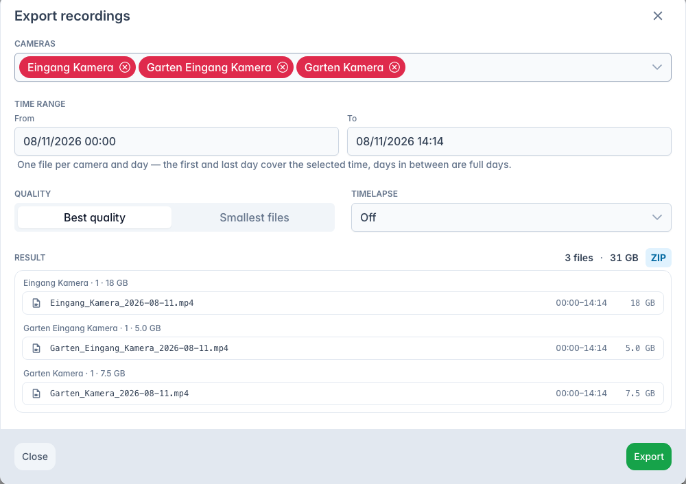 The Export recordings dialog