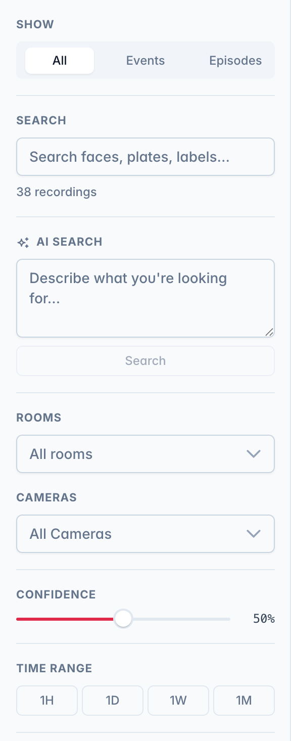 The filter sidebar with the Show switch, search and the room and camera filters