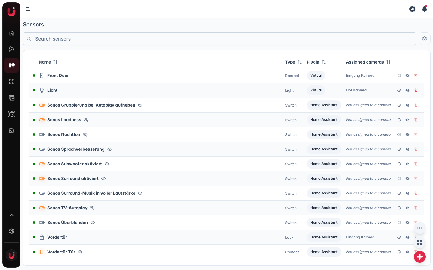 Sensors page listing all sensors
